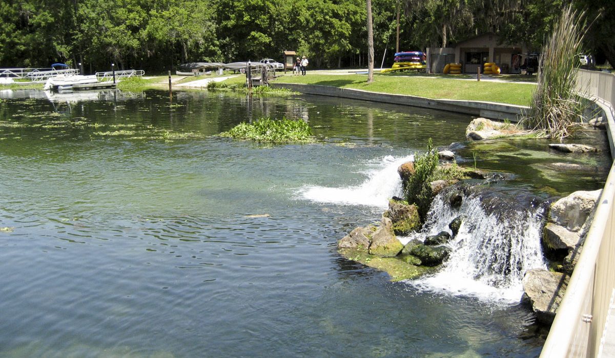 Water flowing over a small waterfall at Ponce de Leon Springs