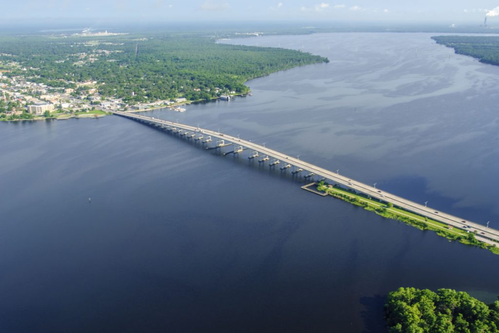 Aerial - St Johns River in Palatka Aerial of the highway 100 bridge crossing the St. Johns River