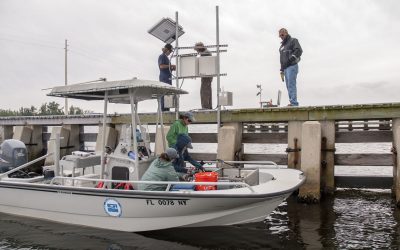 District staff installing water monitoring equipment in the Indian River Lagoon