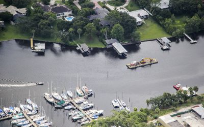 Aerial of a dredging barge on the Eau Gallie River