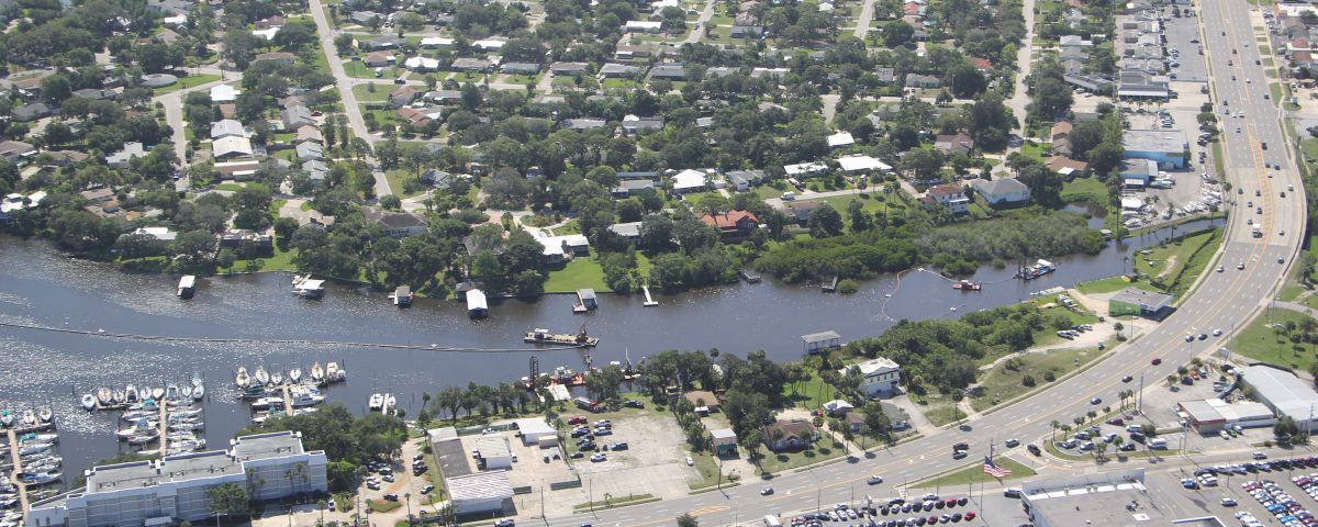 Aerial of dredging barge on the Eau Gallie River