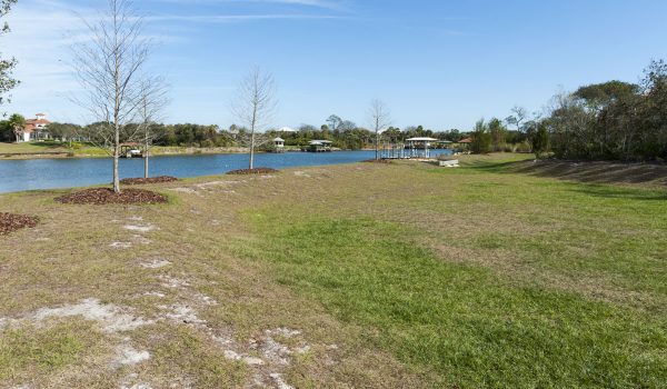 Dry retention system or stormwater retention basin Dry retention system along a waterway