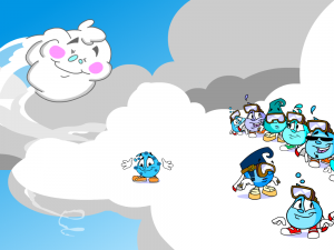 Great Water Odyssey video screen capture. Water drops in clouds