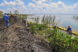 District staff install a floating barrier on the Lake Apopka North Shore