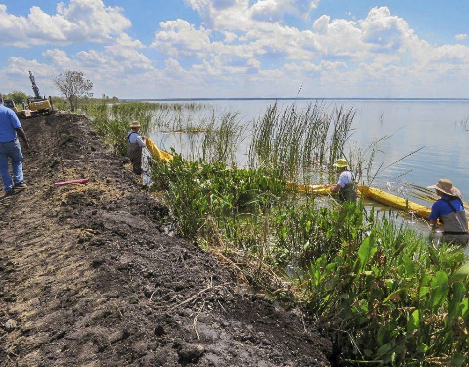 District staff install a floating barrier on the Lake Apopka North Shore