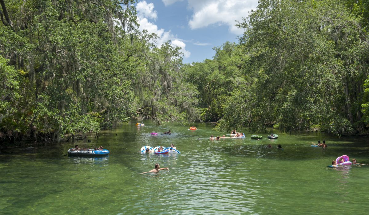 People tubing and swimming at Blue Spring run in Volusia County