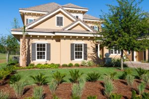 Gardens with drought-tolerant plants in front of a house