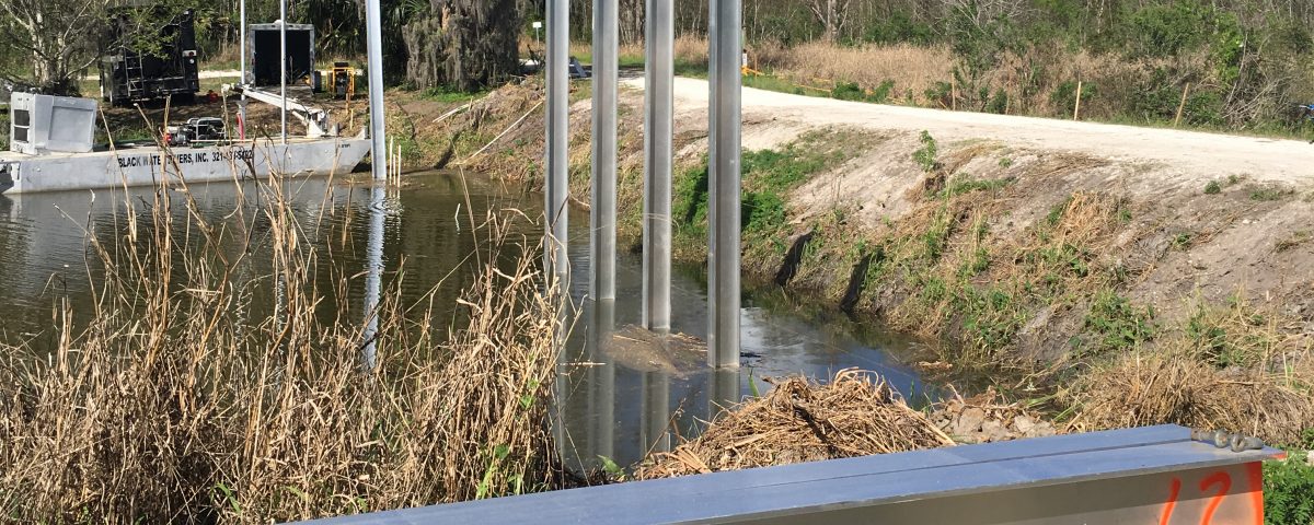 Levee cutting across a wetland with metal beams jutting out of the water