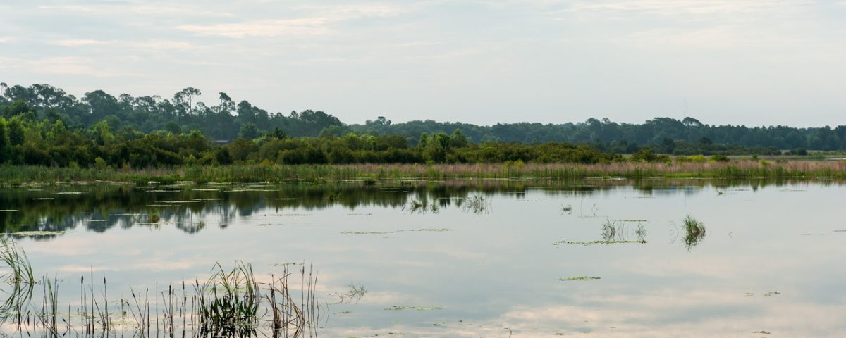 A lake at sunrise with clouds reflected in the water