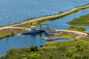 Aerial of a water control structure in the upper St. Johns River Basin
