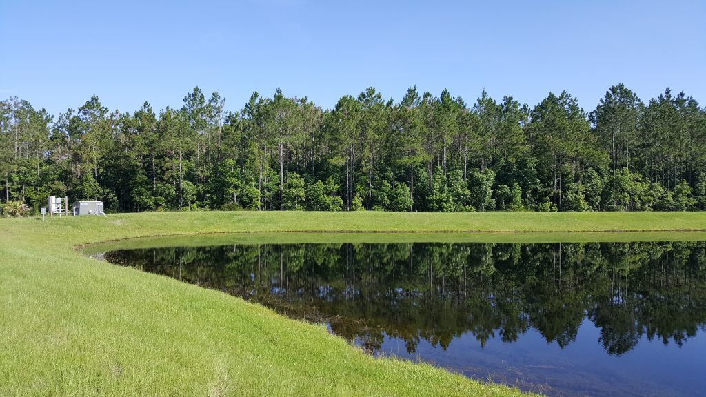 Nocatee harvest pump and pond view Stormwater pond with water pump