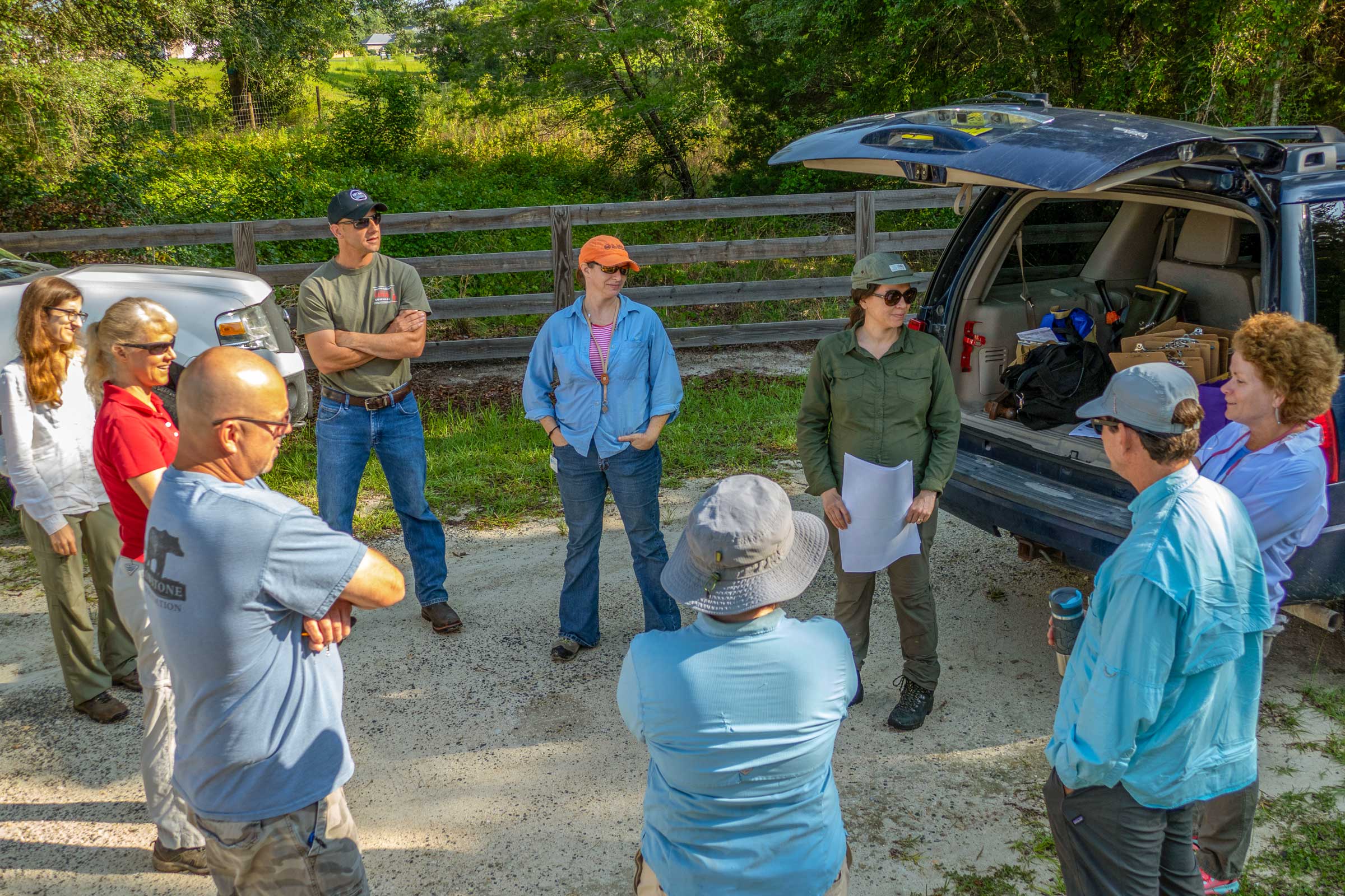 Land management staff having a briefing before heading out onto a district land