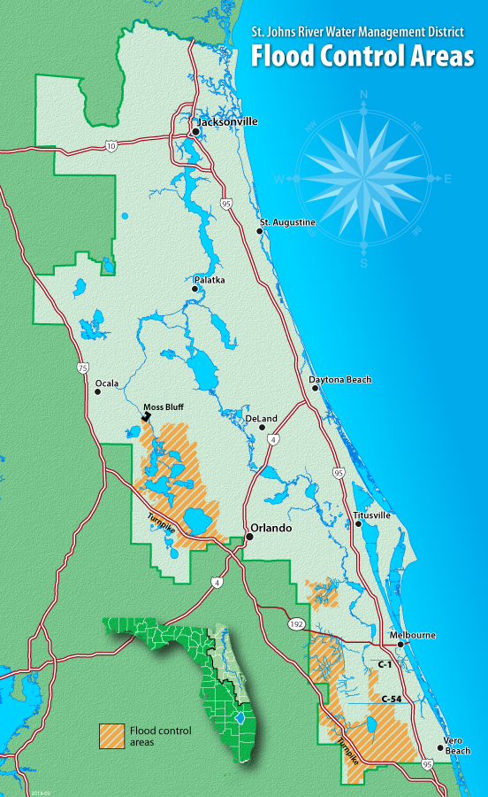 Map of flood control areas in the St. Johns River Water Management District
