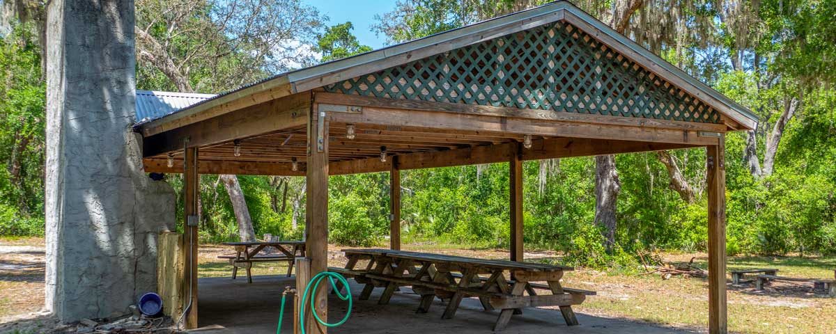 Large picnic shelter at the Crescent Lake Conservation Area group camp site