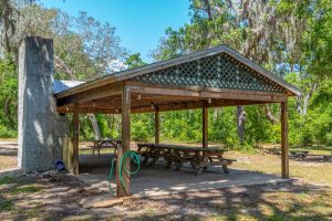 Large picnic shelter at the Crescent Lake Conservation Area group camp site