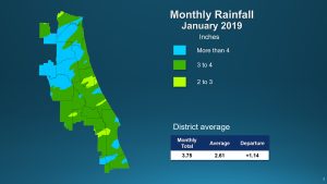 A map illustrates rainfall conditions in January 2019 districtwide.