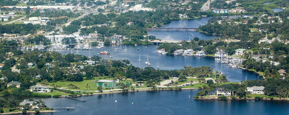 Aerial photo of the Eau Gallie River flowing into the Indian River Lagoon