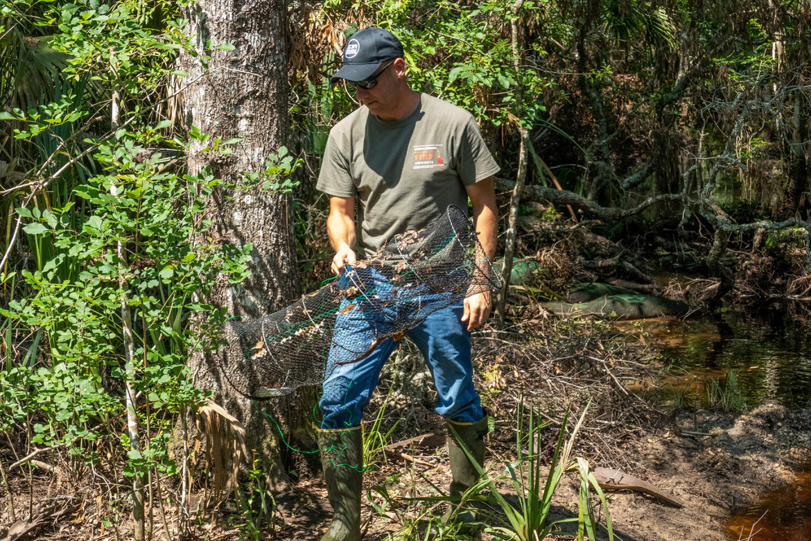 Jeremy-with-fish-trap Jeremy Olson removes a trap from a creek to see what creatures live in the waterway