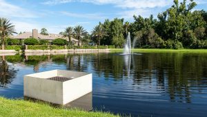 Stormwater pond with a fountain in the middle and houses behind it