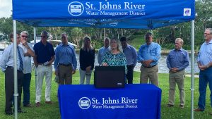 Eau-Gallie-event--Shortelle Dr. Ann Shortelle speaking at the Eau Gallie River dredging event