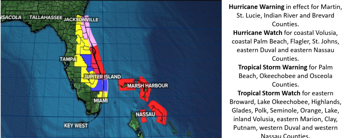 Map showing hurricane warnings and watches in Florida