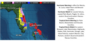 Map showing hurricane warnings and watches in Florida
