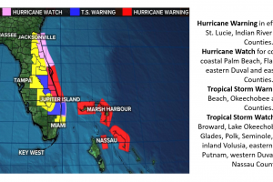 Map showing hurricane warnings and watches in Florida