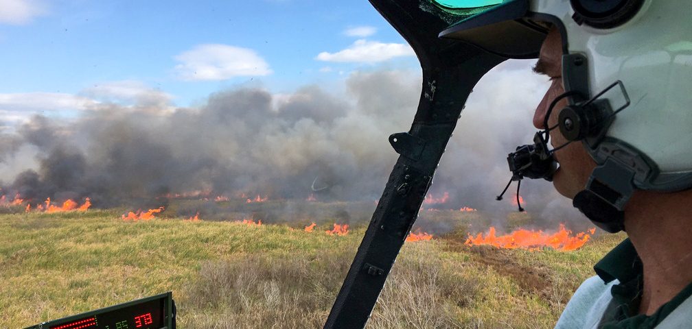 Person in helicopter looking at a fire burning in a marsh