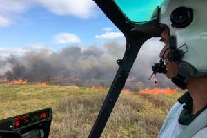 Person in helicopter looking at a fire burning in a marsh