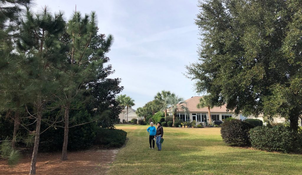 Two people standing in an open yard