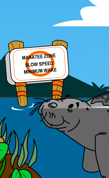 Illustration of a manatee looking at a sign