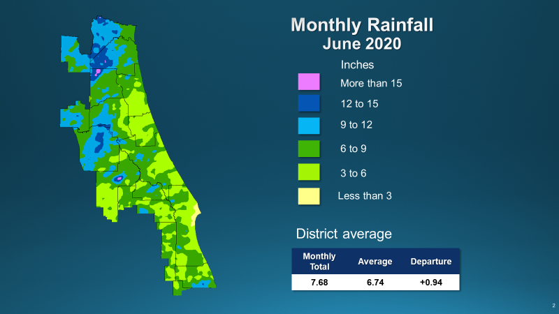 A map illustrates rainfall conditions in June across the St. Johns River Water Management District