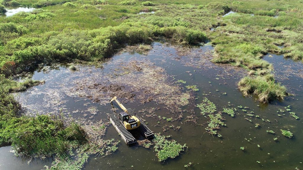 A District contractor uses an amphibious long-reach excavator to harvest nuisance plants