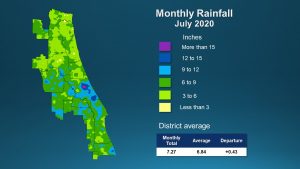 A map illustrates rainfall conditions in July across the St. Johns River Water Management District