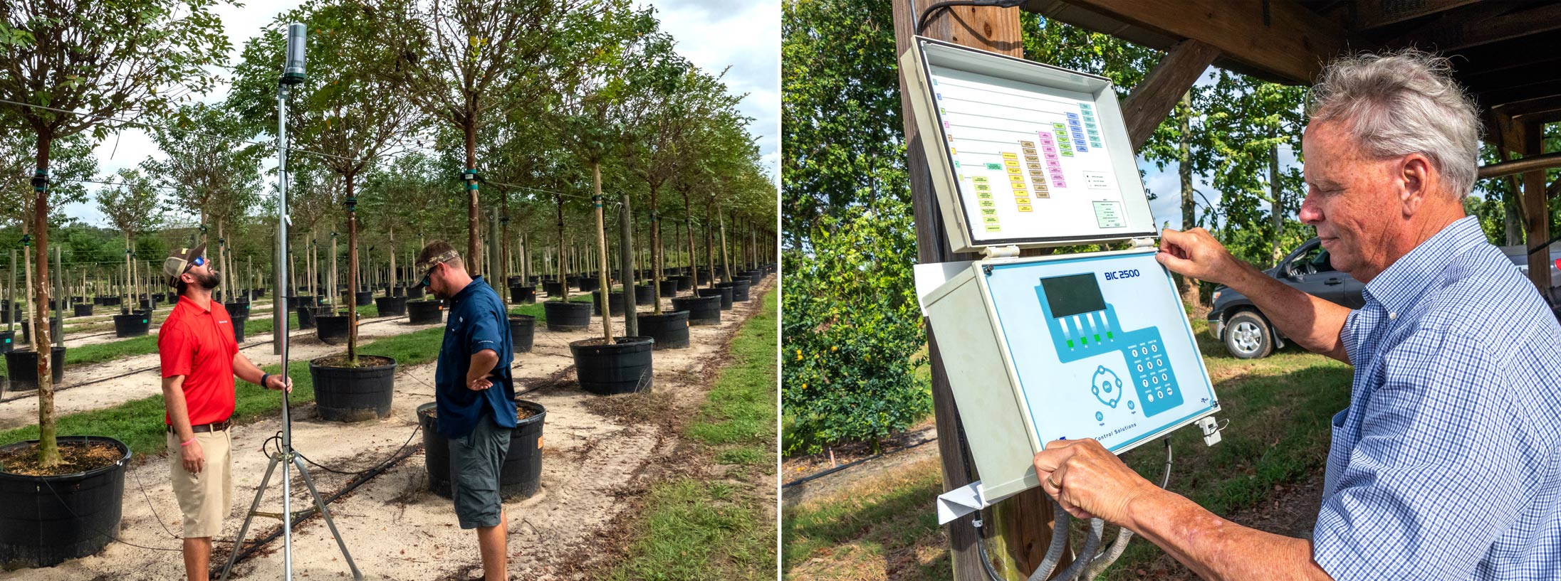 waternews1 Todd Gentry, left, and Austin Spivey of Cherrylake in Groveland monitor irrigation and fertilization equipment at the ornamental tree farm. At right, Indian River County citrus grower Cody Estes monitors a weather station at his grove.