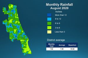 A map illustrates rainfall conditions in August