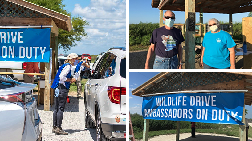 Volunteers greet visitors by a white SUV