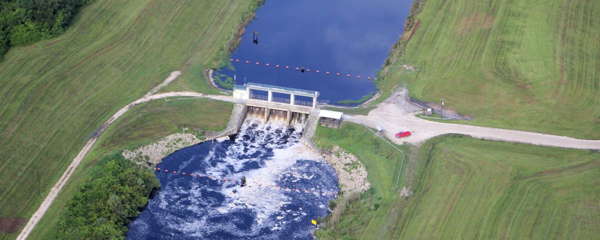 Aerial view of a District flood control structure.