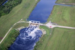 Aerial view of a District flood control structure.