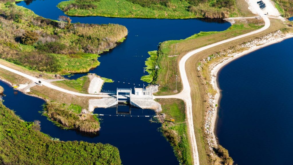 Aerial view of a water control structures in the Upper St. Johns River Basin Project
