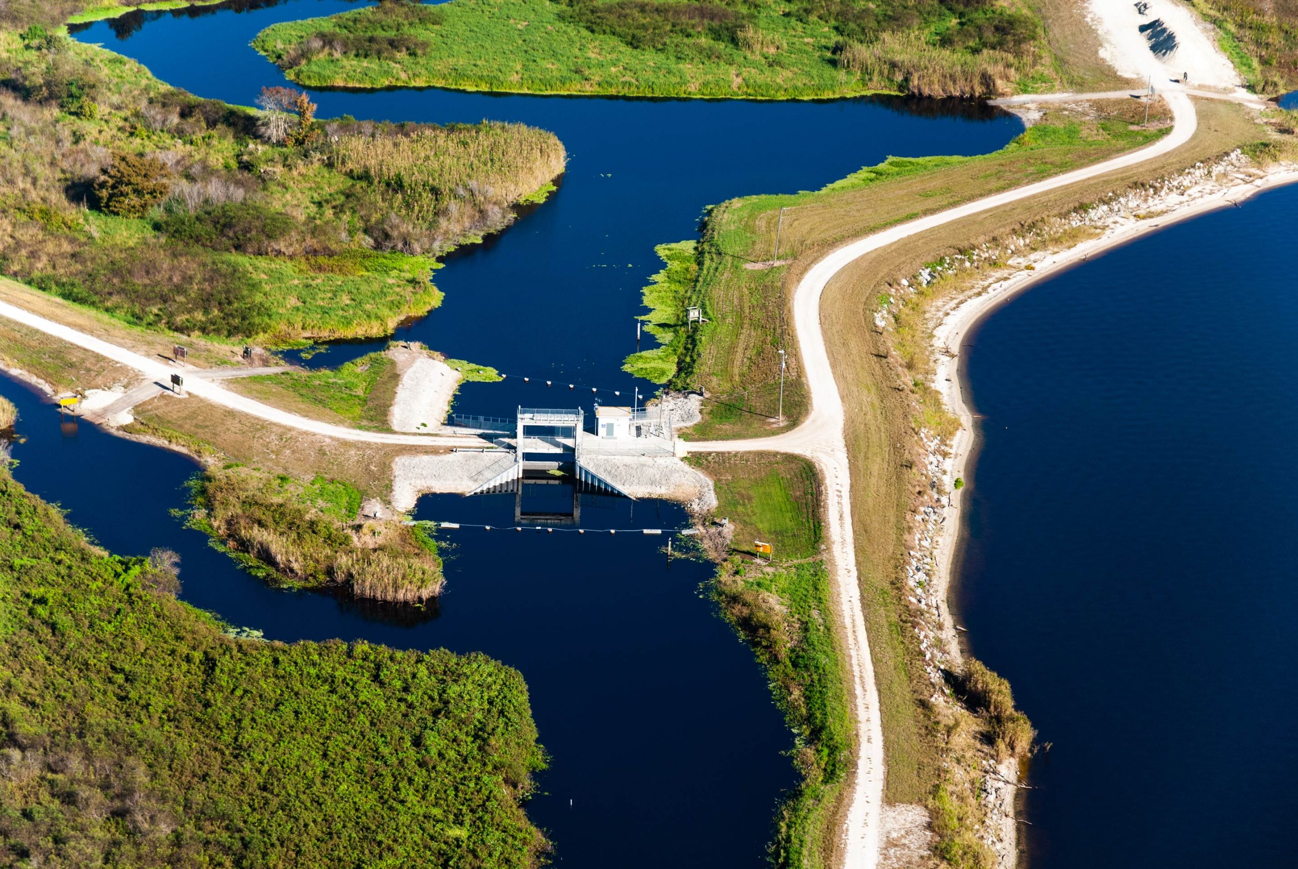 Aerial view of a water control structures in the Upper St. Johns River Basin Project