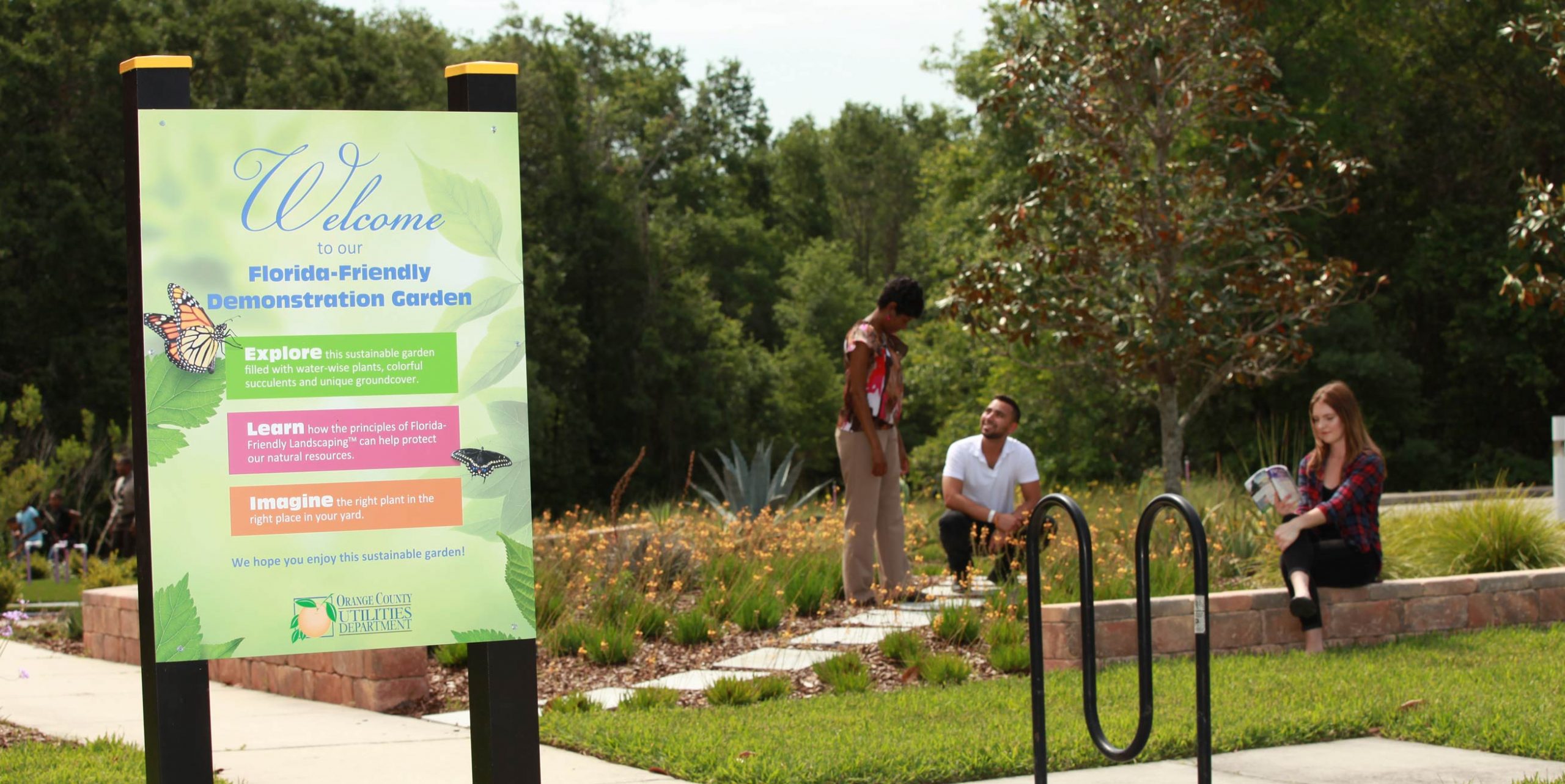 Colorful information sign standing at a part entrance