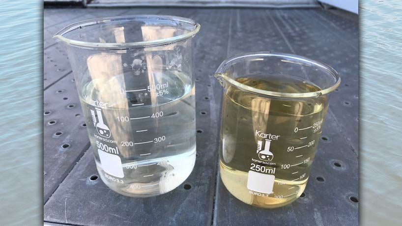 A side-by-side comparison of a post-treatment sample collected (left) shows a clear color improvement from the raw sample.