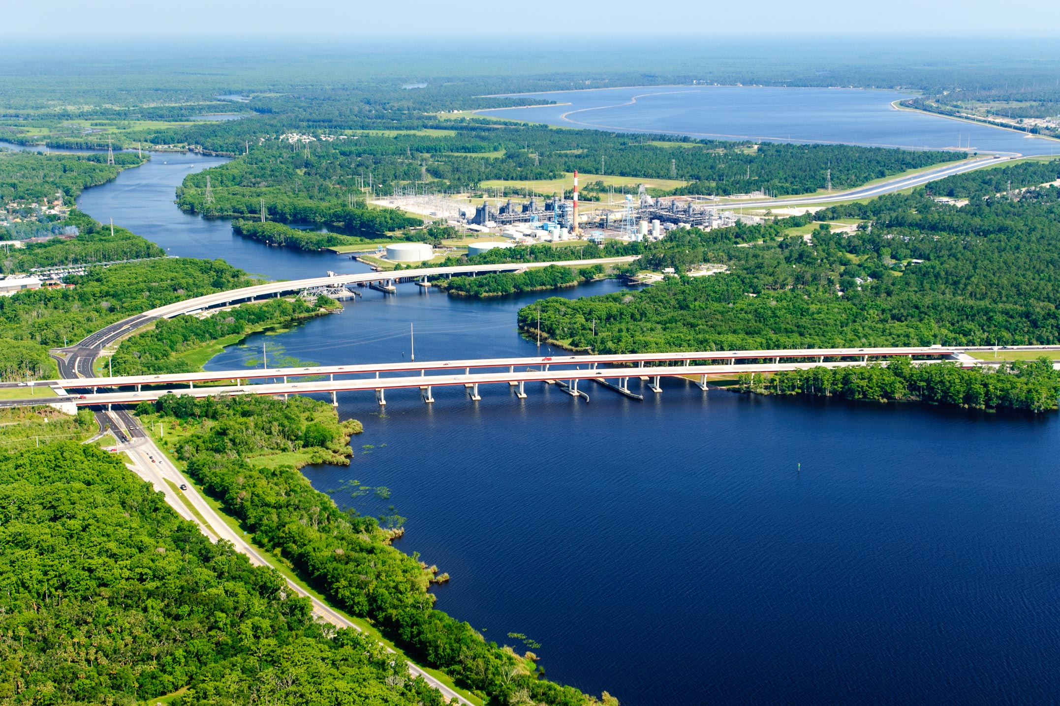 Aerial view of a bridge over a river