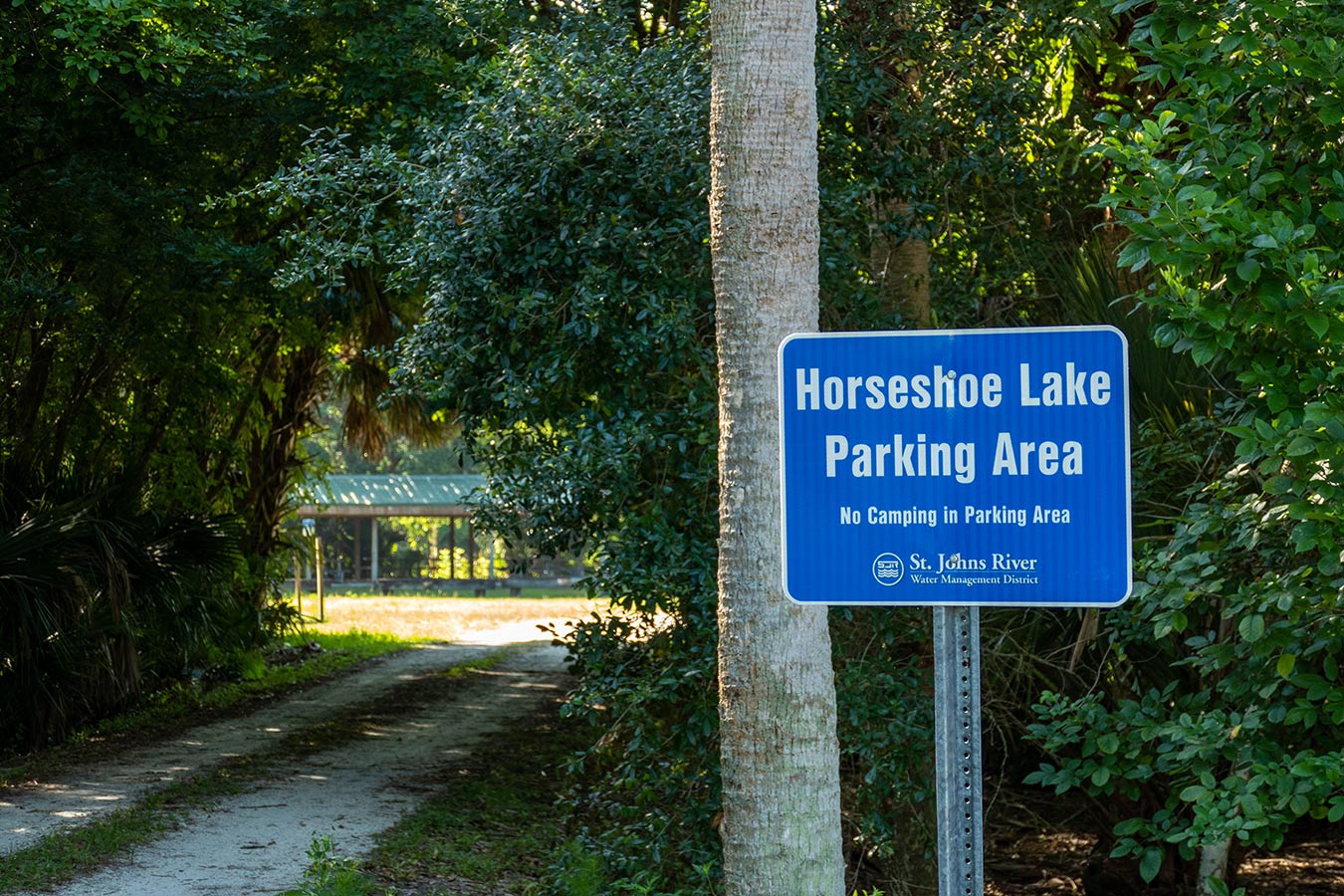 Blue sign for the Horseshoe Lake parking area