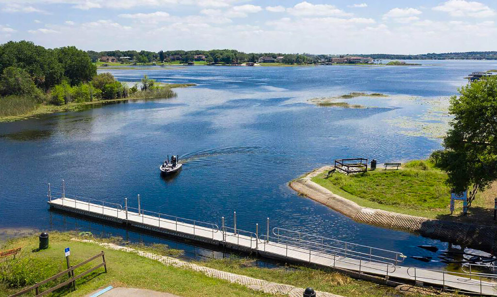 Drone photo of a boat ramp and Johns Lake