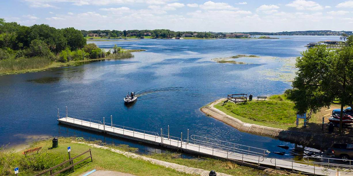 Drone photo of a boat ramp and Johns Lake