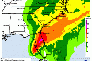 Colored map of heavy rainfall