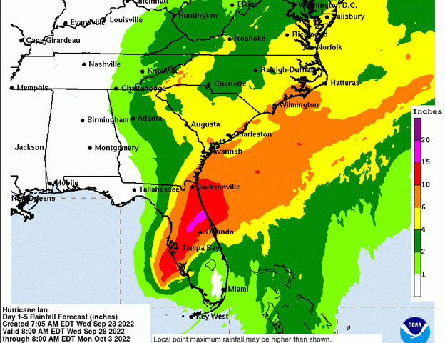 Colored map of heavy rainfall