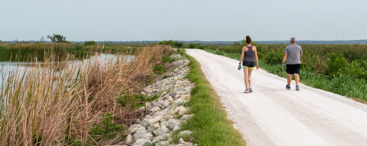 Two people walking on a trail by Lake Apopka